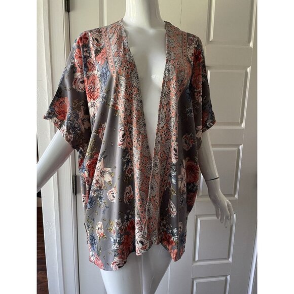 Angie Kimono Womens sz M Peach Floral Boho Festival Hippie Swim Beach Cover Up - Picture 1 of 7